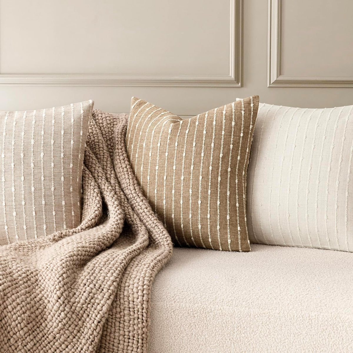 Foindtower Decorative Striped Boucle Throw Pillow Covers 18x18 Inch Camel