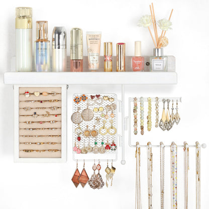 SOLIMINTR Hanging Jewelry Organizer Wall Mount with Rustic Wood Shelf, Ring Display Box, Ear Studs Earring Holder, Rotating Necklace Holder Organizer