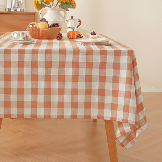 Alsoo Checkered Tablecloth Rectangle Gingham Table Cloth Washable Cotton Linen Fall Thanksgiving Buffalo Plaid Table Cover for Picnic Kitchen Dining Room, Orange and White, 60 * 75 inch
