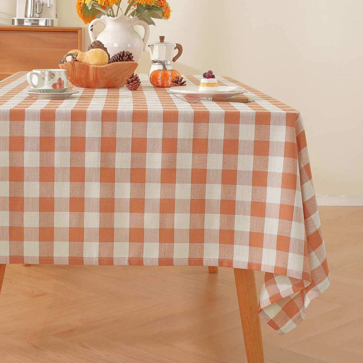 Alsoo Checkered Tablecloth Rectangle Gingham Table Cloth Washable Cotton Linen Fall Thanksgiving Buffalo Plaid Table Cover for Picnic Kitchen Dining Room, Orange and White, 60 * 75 inch
