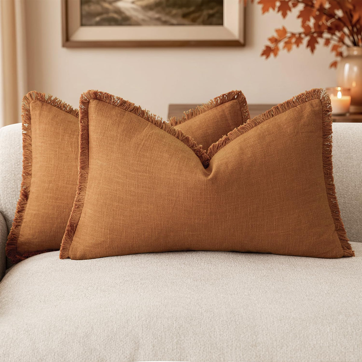 Foindtower Decorative Linen Fringe Throw Pillow Covers 20×20 Olive Green