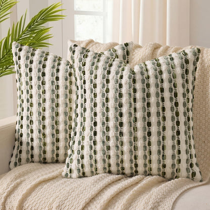 ANRODUO Boho Decorative Pillow Covers Olive Green Stripe 18x18 Pack of 2