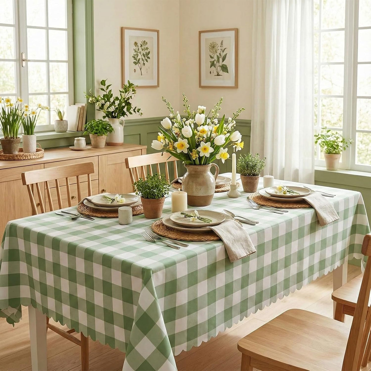 NatNarr 3 Pack Sage Green Gingham Tablecloth, Scalloped Party Table Cover