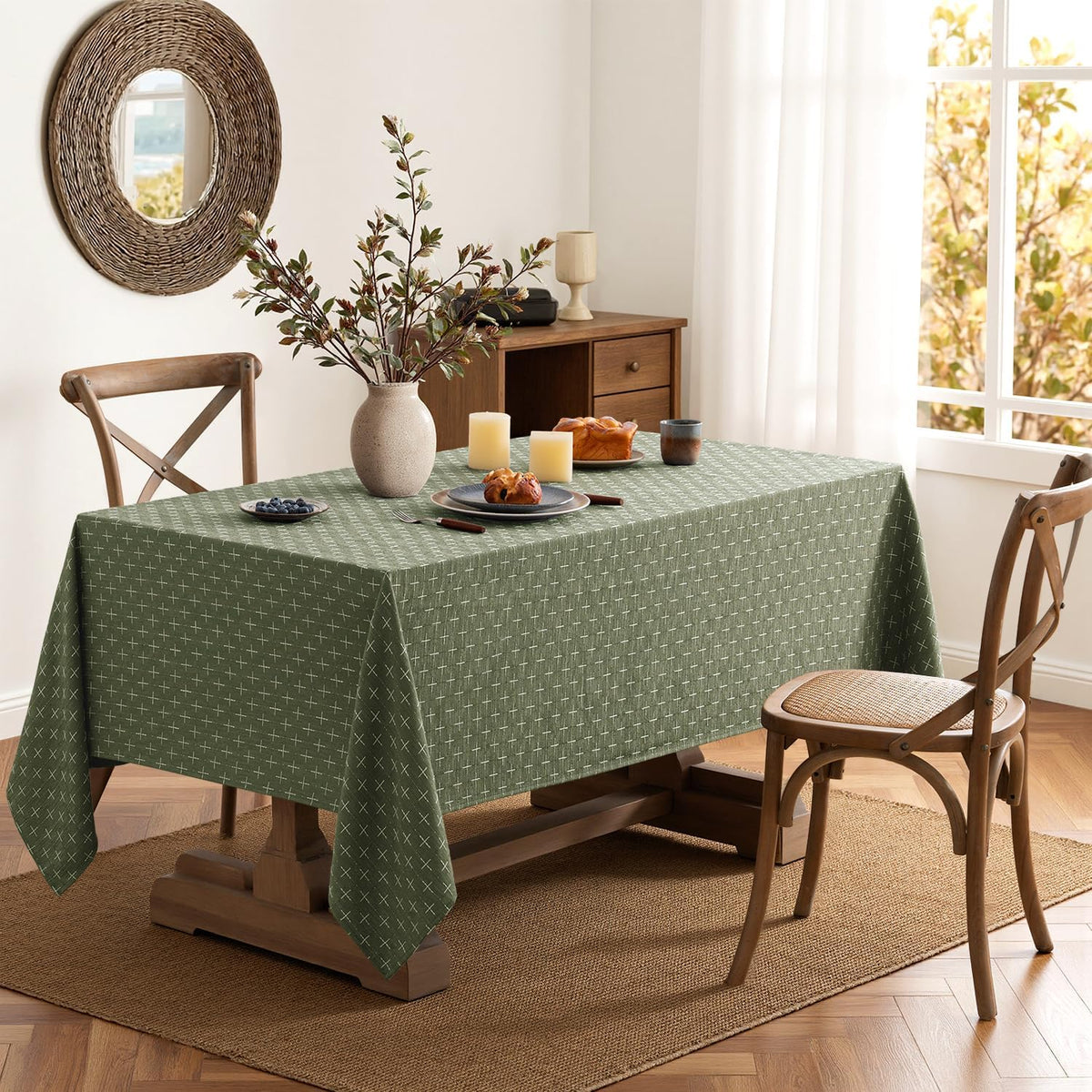 MIULEE Olive Green Rectangle Cross-Star Textured Table Cloth 52x70 Inch