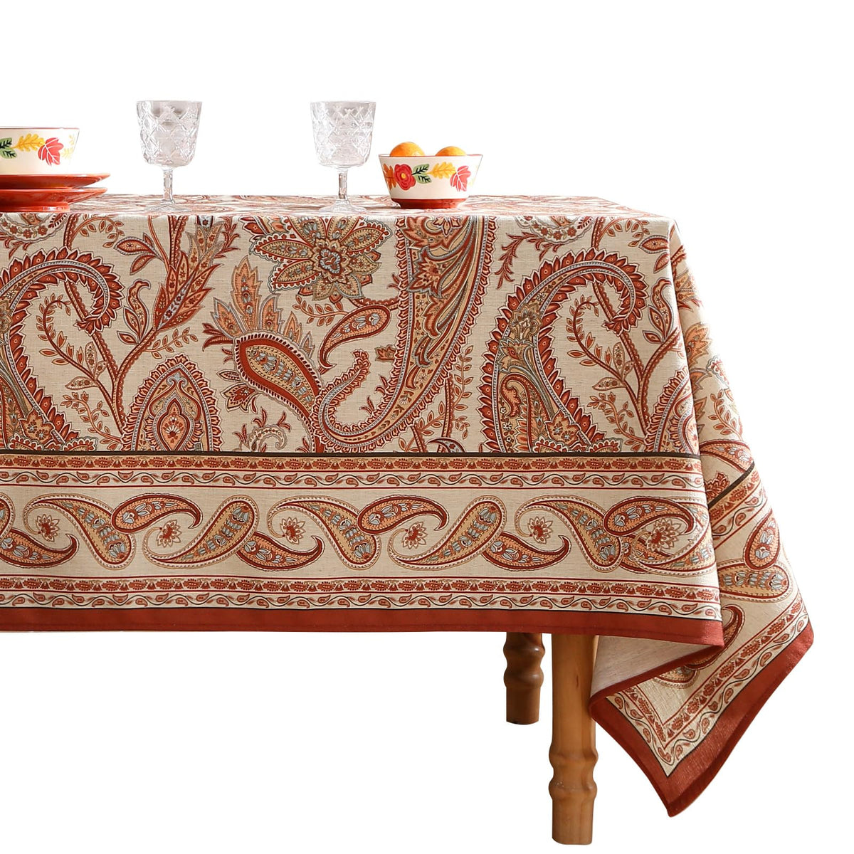 ISAENNE Designer French Linen Rectangular Tablecloth,118"x67"-Cornucopia