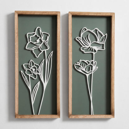 Tide and Tales Floral 3D Green Wall Art, Botanical Wall Decor, Set of 2