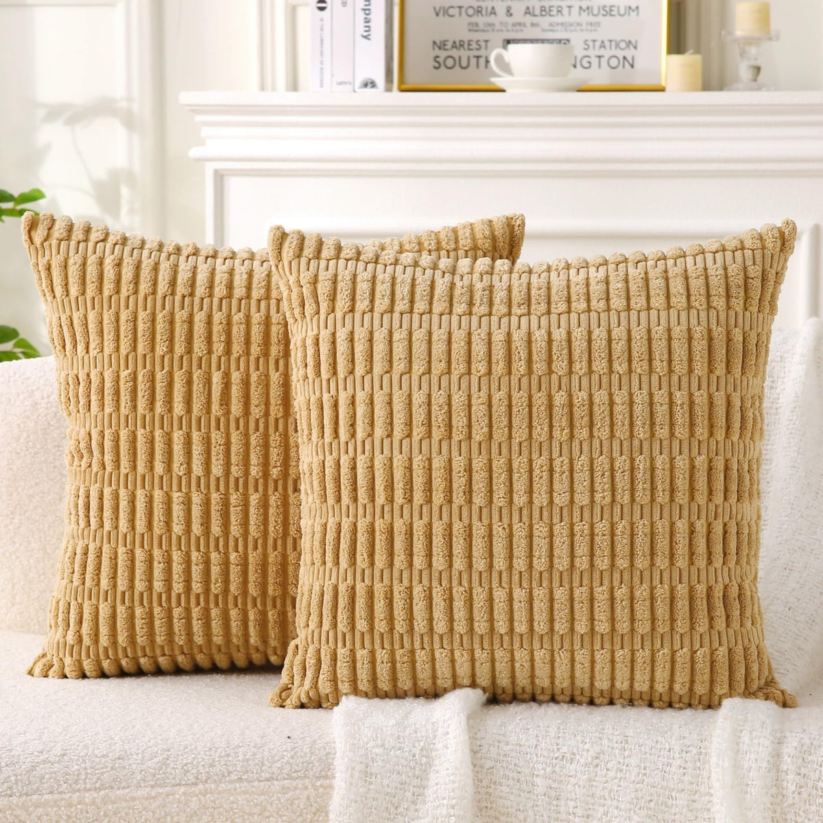 2 Pack Corduroy Decorative Throw Pillow with Inserts, 18x18 Inch Soft Boho Throw Pillow, Square Striped Throw Pillows for Couch, Bed, Sofa Decor(Beige)
