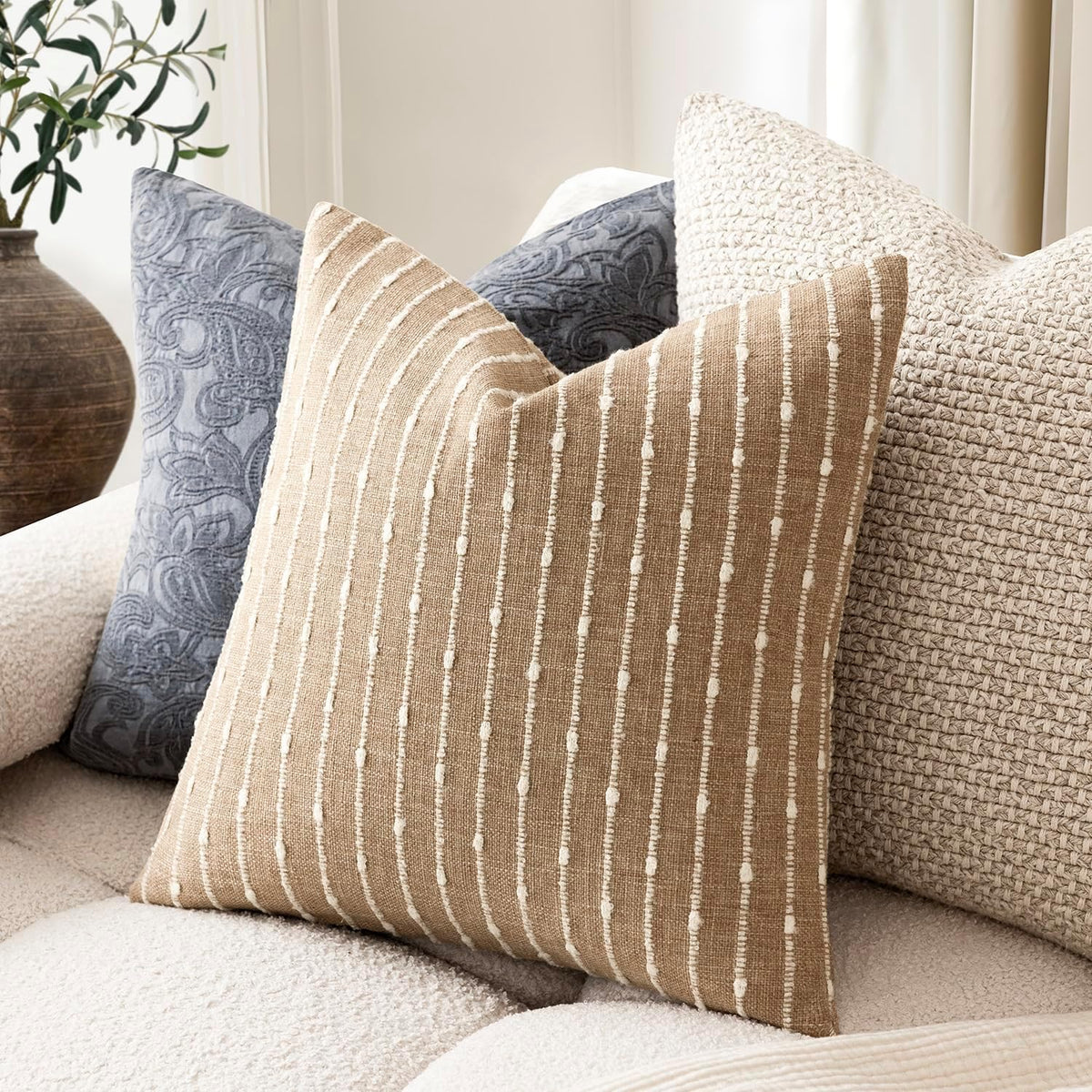 Foindtower Decorative Striped Boucle Throw Pillow Covers 18x18 Inch Camel