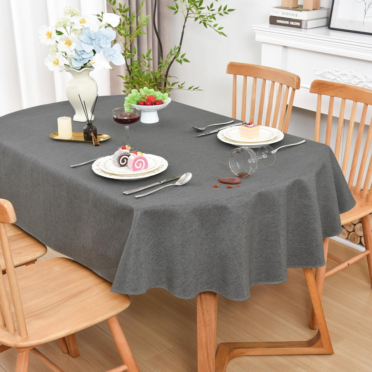 Wolkemer Oval Tablecloth 60 x 102 Inches Faux Linen Water Resistant