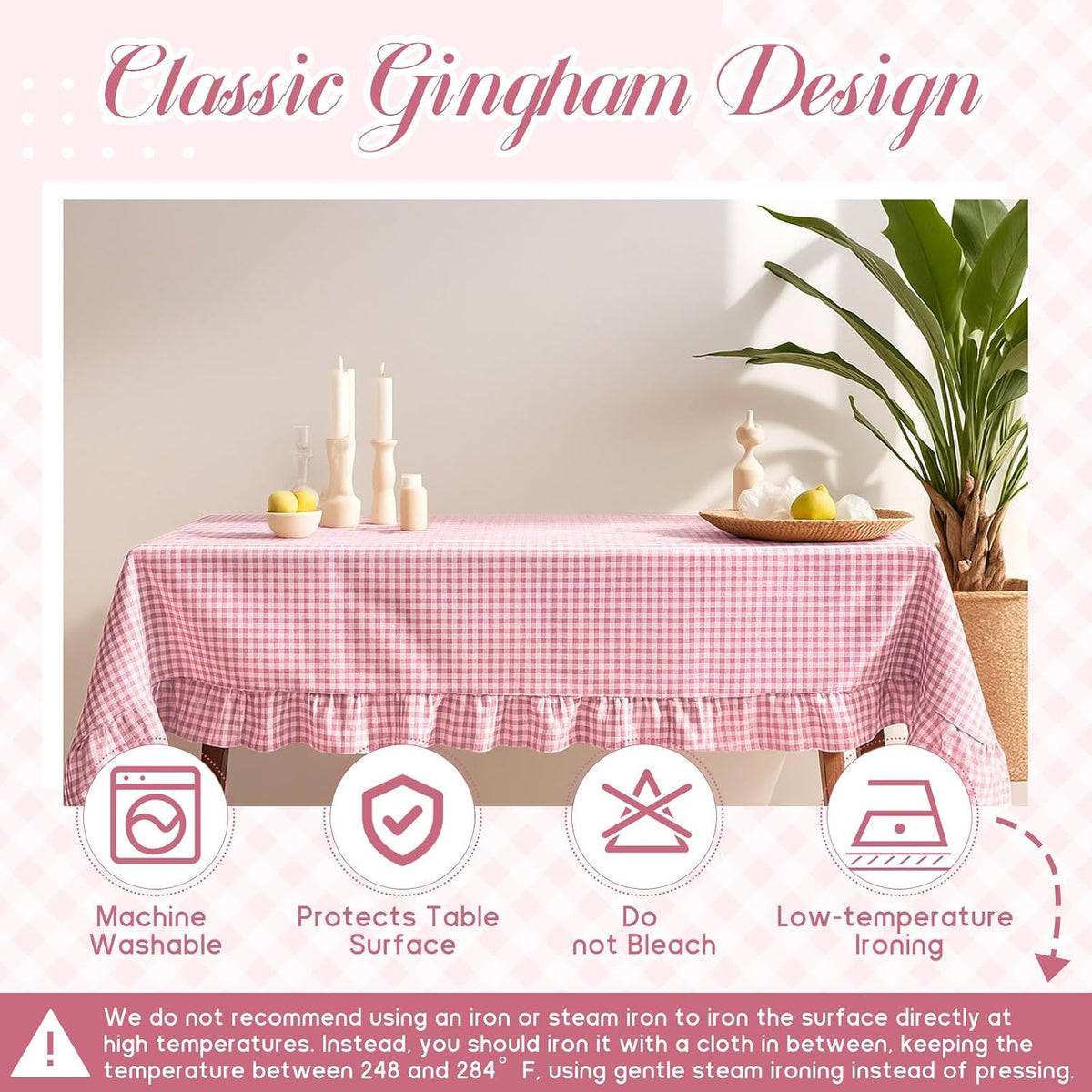 Mindsoft Light Pink Gingham Ruffled Tablecloth, 52 x 70 Inches, Rectangle