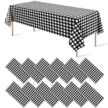 12 Pack Blue and White Plastic Checkered Tablecloth, Premium Decorative Disposable Blue Gingham Plaid Table Cloths for Parties, Rectangle Party Table Cover for Picnic Farm Birthday Wedding, 54x108Inch
