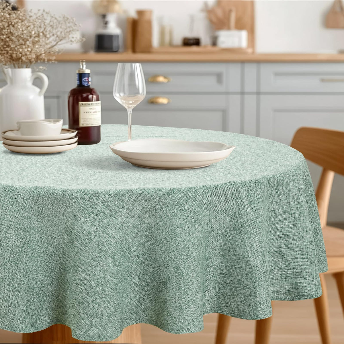 JIUZHEN Round Table Cloth Faux Linen Farmhouse Tablecloth Wrinkle and Stain Resistant Decorative Fabric Table Cover for Kitchen, Dining Room, Parties and Camping, Beige, 120 Inch Round