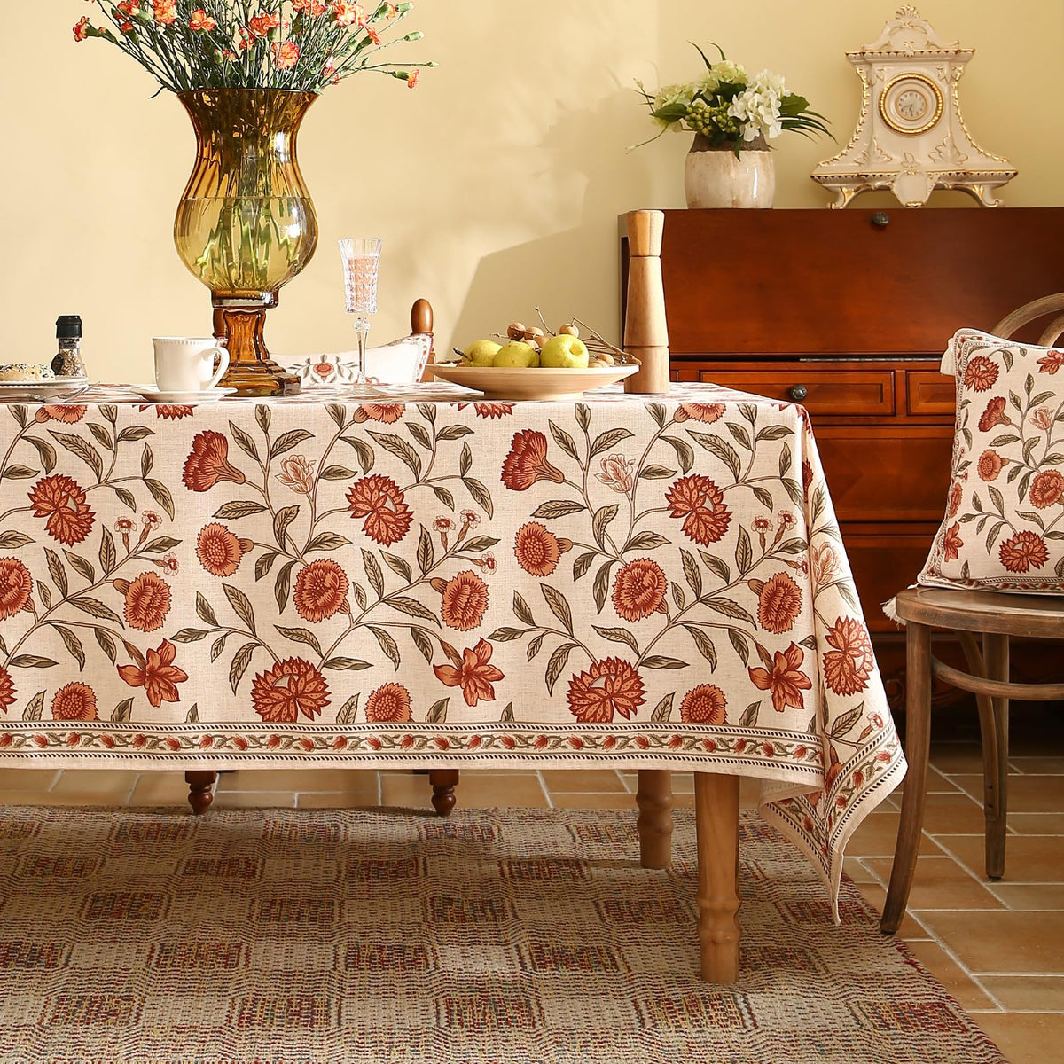 ISAENNE Designer French Linen Rectangular Tablecloth,118"x67"-Cornucopia