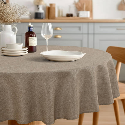 JIUZHEN Round Table Cloth Faux Linen Farmhouse Tablecloth Wrinkle and Stain Resistant Decorative Fabric Table Cover for Kitchen, Dining Room, Parties and Camping, Beige, 120 Inch Round