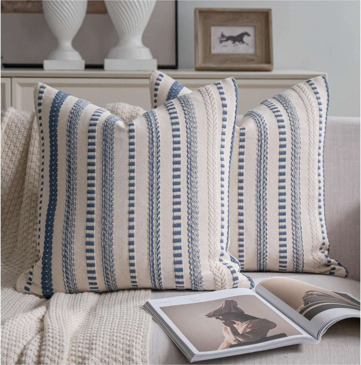 Cethom Navy Blue Boho Throw Pillow Covers 18x18 Inch Set of 2, Stripe Textured Decorative Couch Pillow Cases for Bed, Sofa, Living Room, Bedroom, Farmhouse Home Accent Cushion Covers