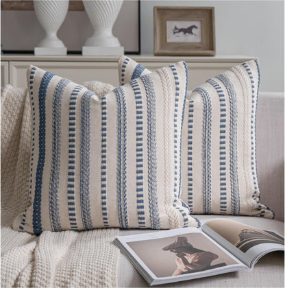 Cethom Navy Blue Boho Throw Pillow Covers 18x18 Inch Set of 2, Stripe Textured Decorative Couch Pillow Cases for Bed, Sofa, Living Room, Bedroom, Farmhouse Home Accent Cushion Covers
