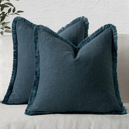 MIULEE Linen Fringe Decorative Throw Pillow Covers Natural Beige 20x20