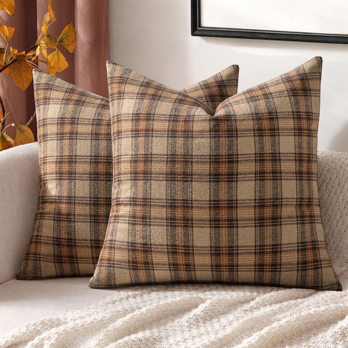 MIULEE Fall Plaid Pillow Covers Scottish Tartan 18x18 Terracotta Brown