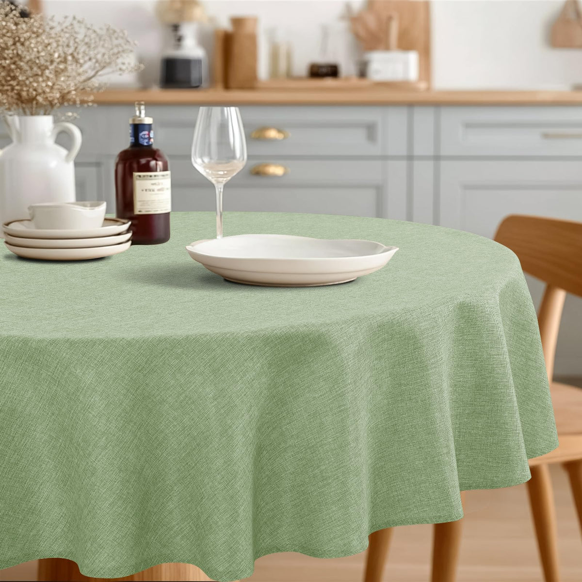 JIUZHEN Round Table Cloth Faux Linen Farmhouse Tablecloth Wrinkle and Stain Resistant Decorative Fabric Table Cover for Kitchen, Dining Room, Parties and Camping, Beige, 120 Inch Round