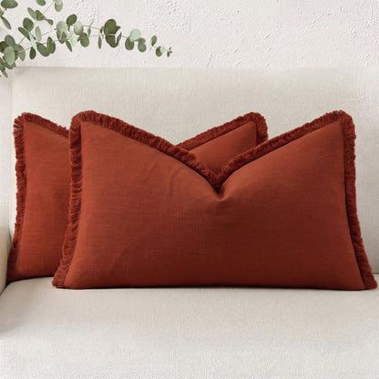 decorUhome Linen Fringe Natural Beige Throw Pillow Covers 18x18 Set of 2