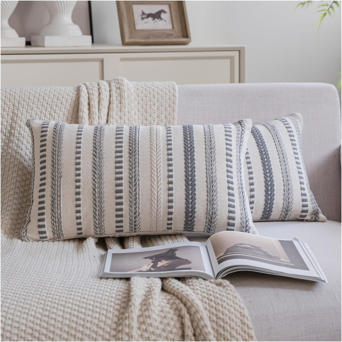 Cethom Navy Blue Boho Throw Pillow Covers 18x18 Inch Set of 2, Stripe Textured Decorative Couch Pillow Cases for Bed, Sofa, Living Room, Bedroom, Farmhouse Home Accent Cushion Covers