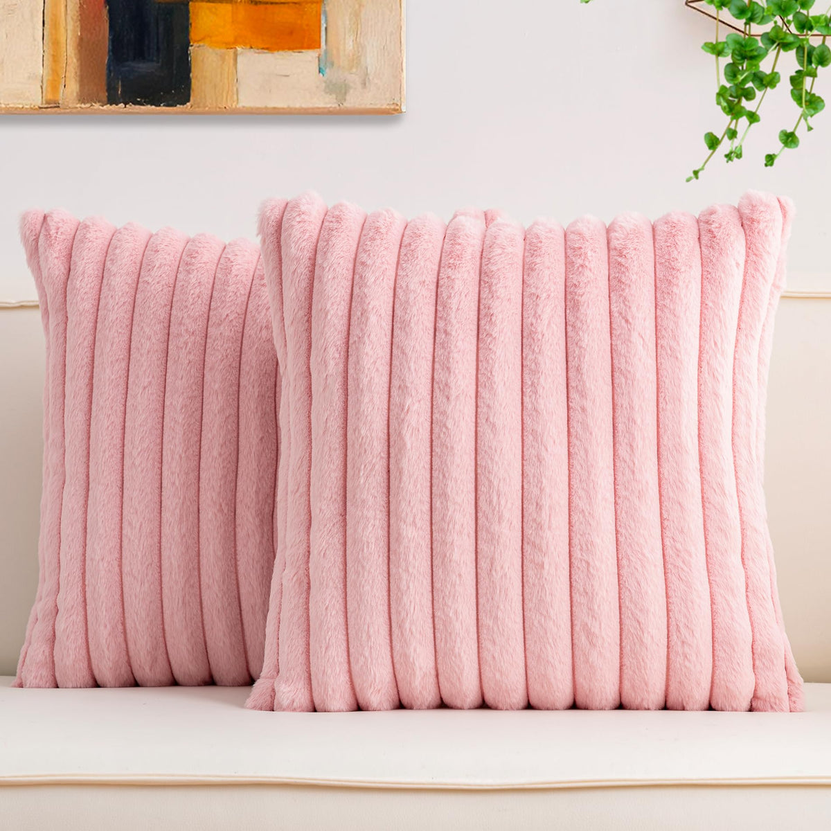 Pack of 2 Faux Fur Christmas Throw Pillow Covers 18x18 Inch, Cream White