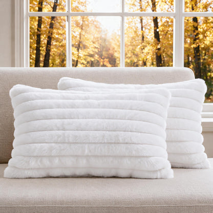 Set of 2 Decorative Throw Pillow Covers 18x18, Faux Fur Cream White
