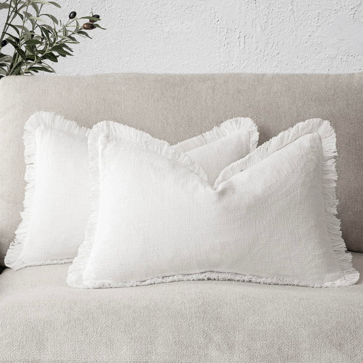 Foindtower Decorative Linen Fringe Throw Pillow Covers 20×20 Olive Green