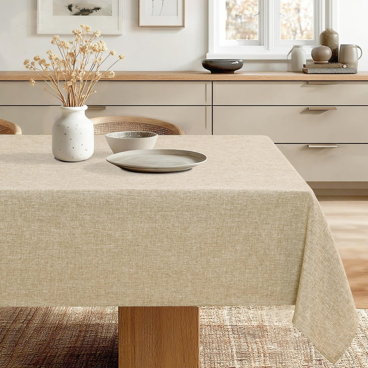 JIUZHEN Round Table Cloth Faux Linen Farmhouse Tablecloth Wrinkle and Stain Resistant Decorative Fabric Table Cover for Kitchen, Dining Room, Parties and Camping, Beige, 120 Inch Round