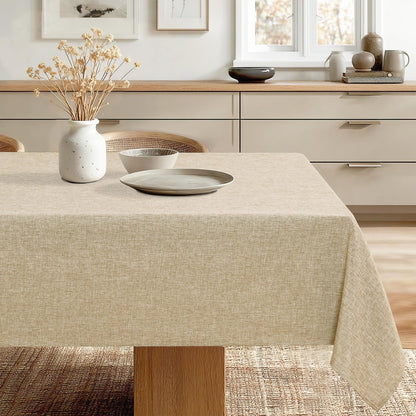 JIUZHEN Round Table Cloth Faux Linen Farmhouse Tablecloth Wrinkle and Stain Resistant Decorative Fabric Table Cover for Kitchen, Dining Room, Parties and Camping, Beige, 120 Inch Round