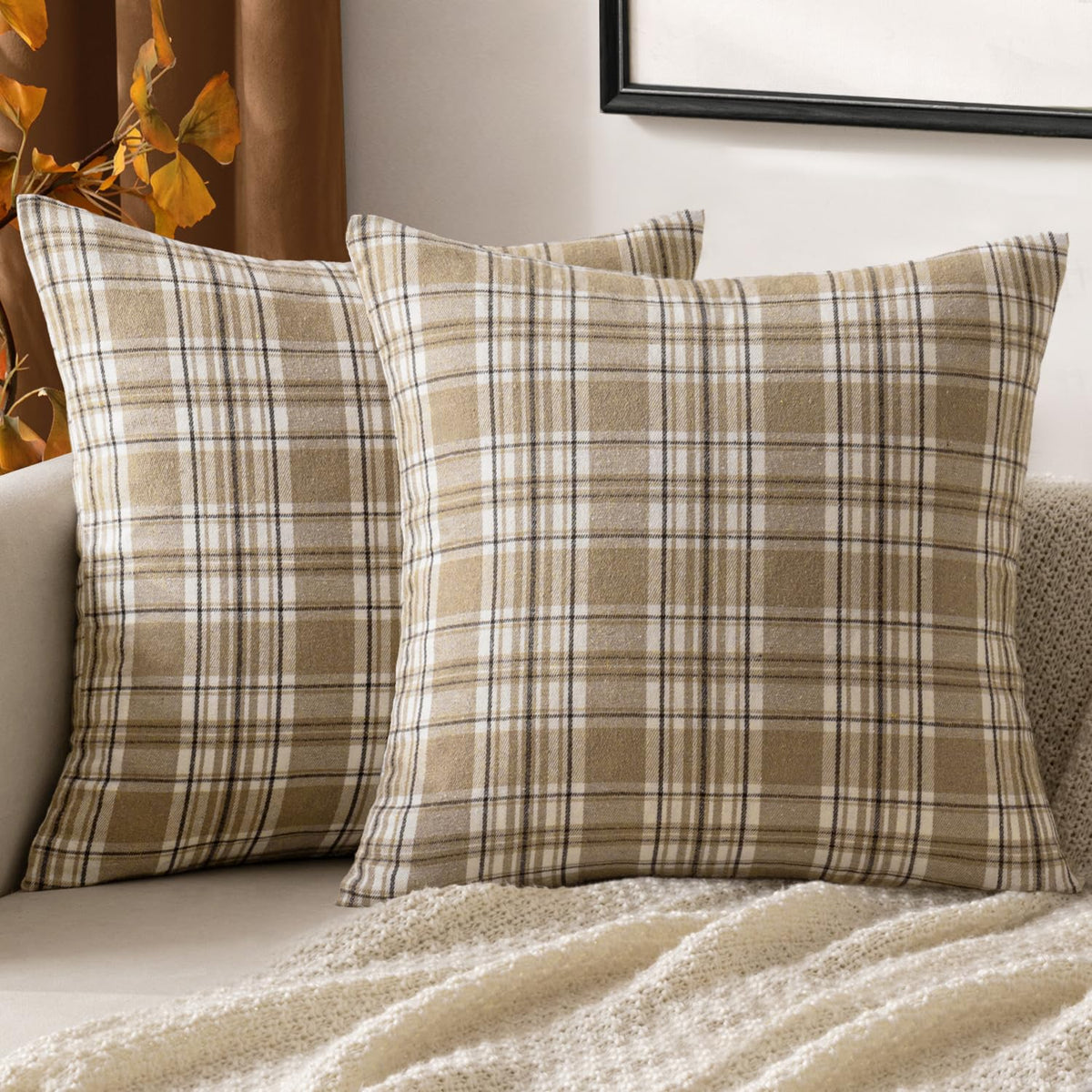 MIULEE Fall Plaid Pillow Covers Scottish Tartan 18x18 Terracotta Brown