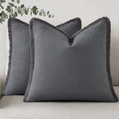 decorUhome Linen Fringe Natural Beige Throw Pillow Covers 18x18 Set of 2