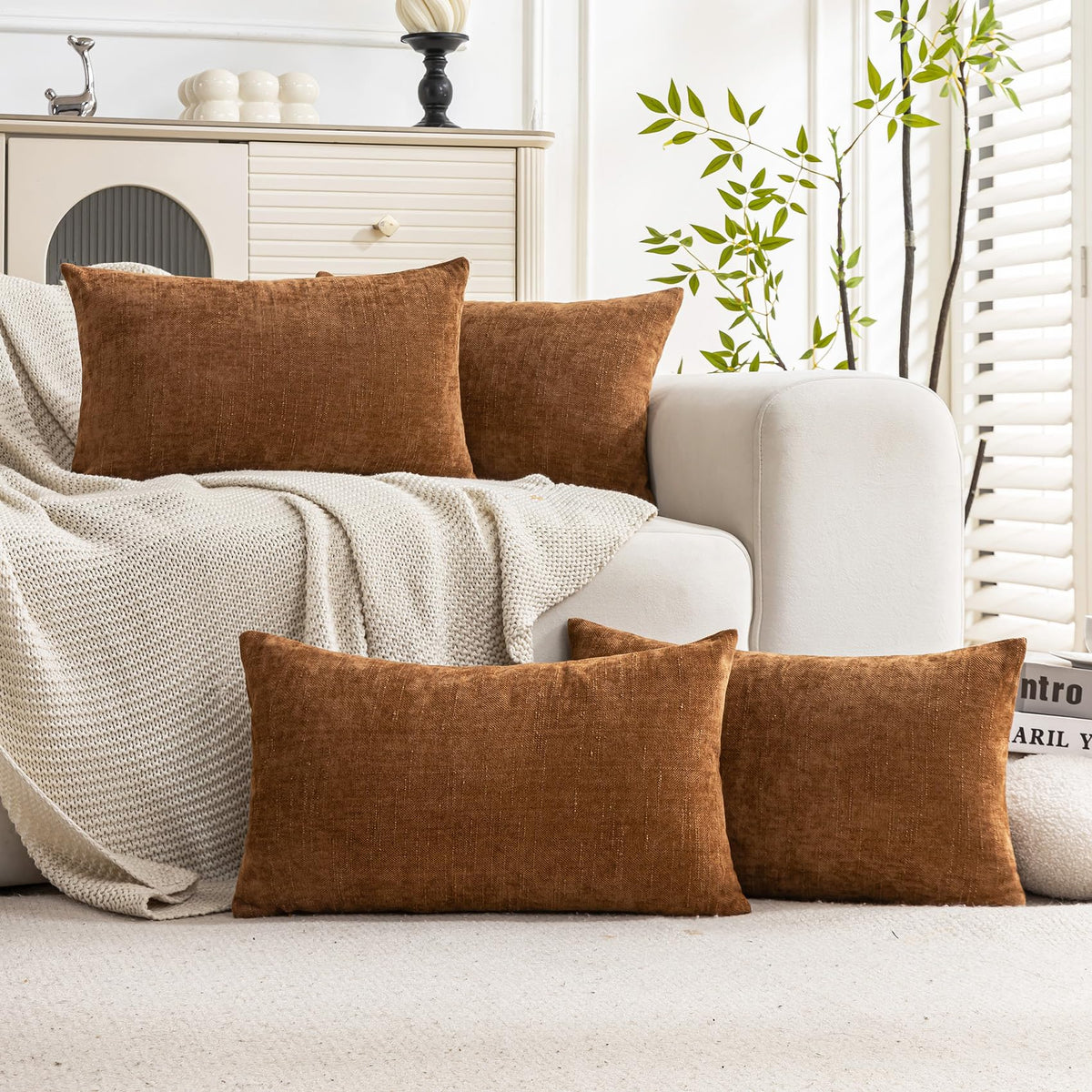 Set of 4 Soft Textured Throw Pillow Covers 18x18 Inch Cozy Decorative Farmhouse Cushion Cover Square Accent Pillow Cases for Bed Couch Sofa Living Room, Beige Taupe Brown