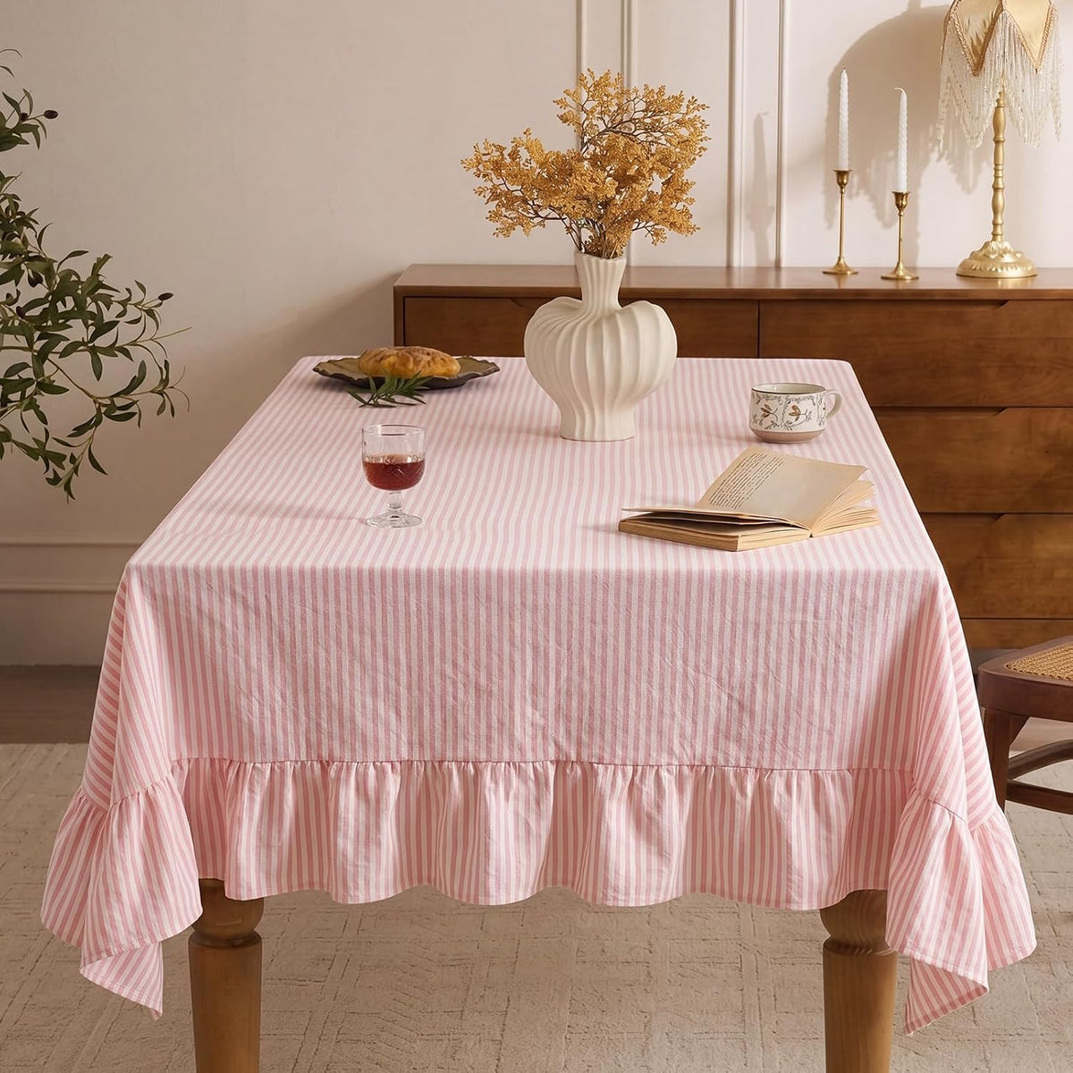 Moukeren 60 x 120 in Farmhouse Ruffle Striped Tablecloth, Pink, Striped