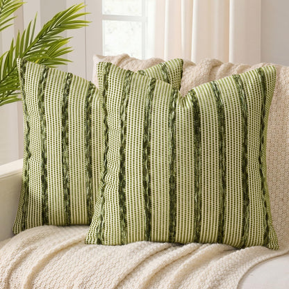 ANRODUO Boho Decorative Pillow Covers Olive Green Stripe 18x18 Pack of 2