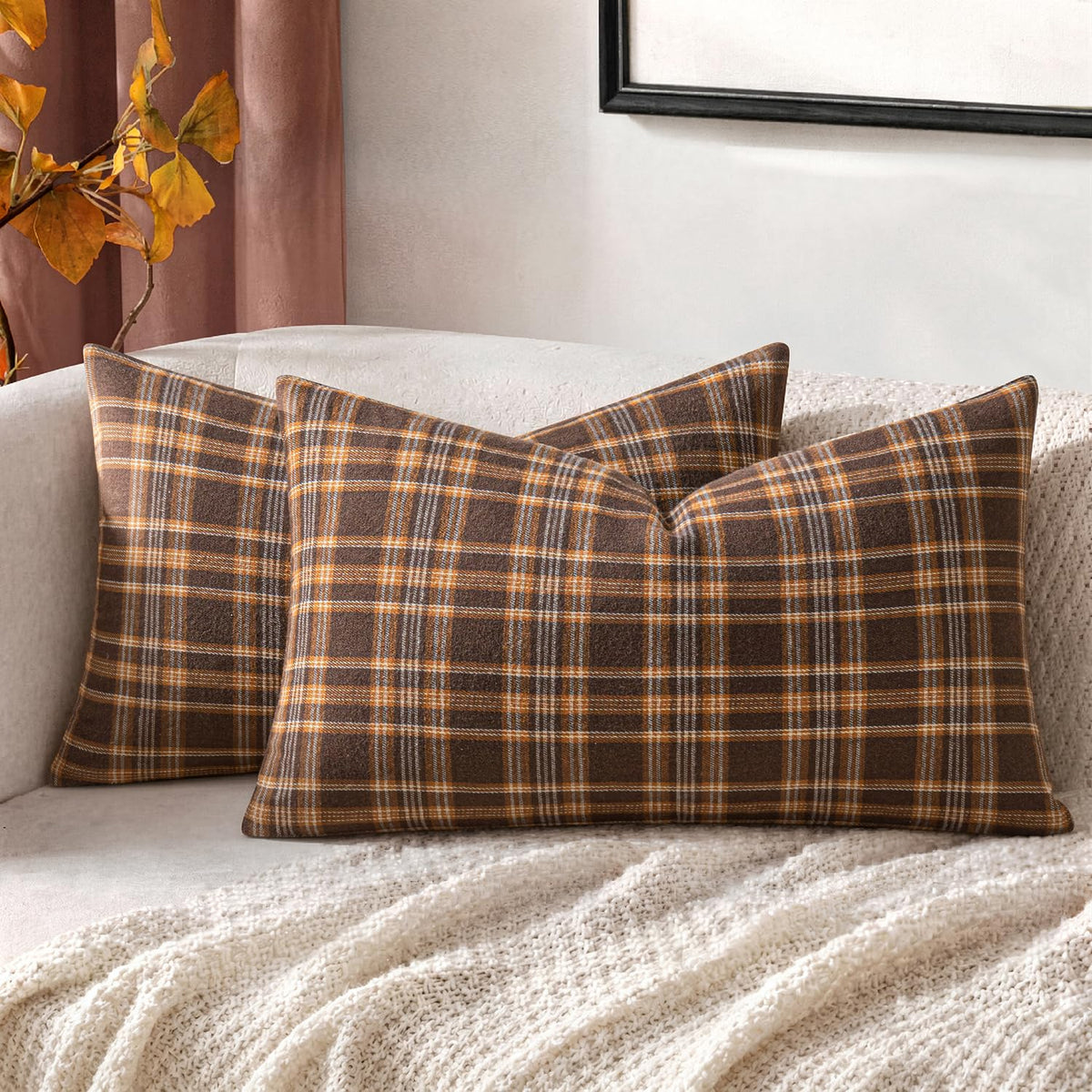 MIULEE Fall Plaid Pillow Covers Scottish Tartan 18x18 Terracotta Brown