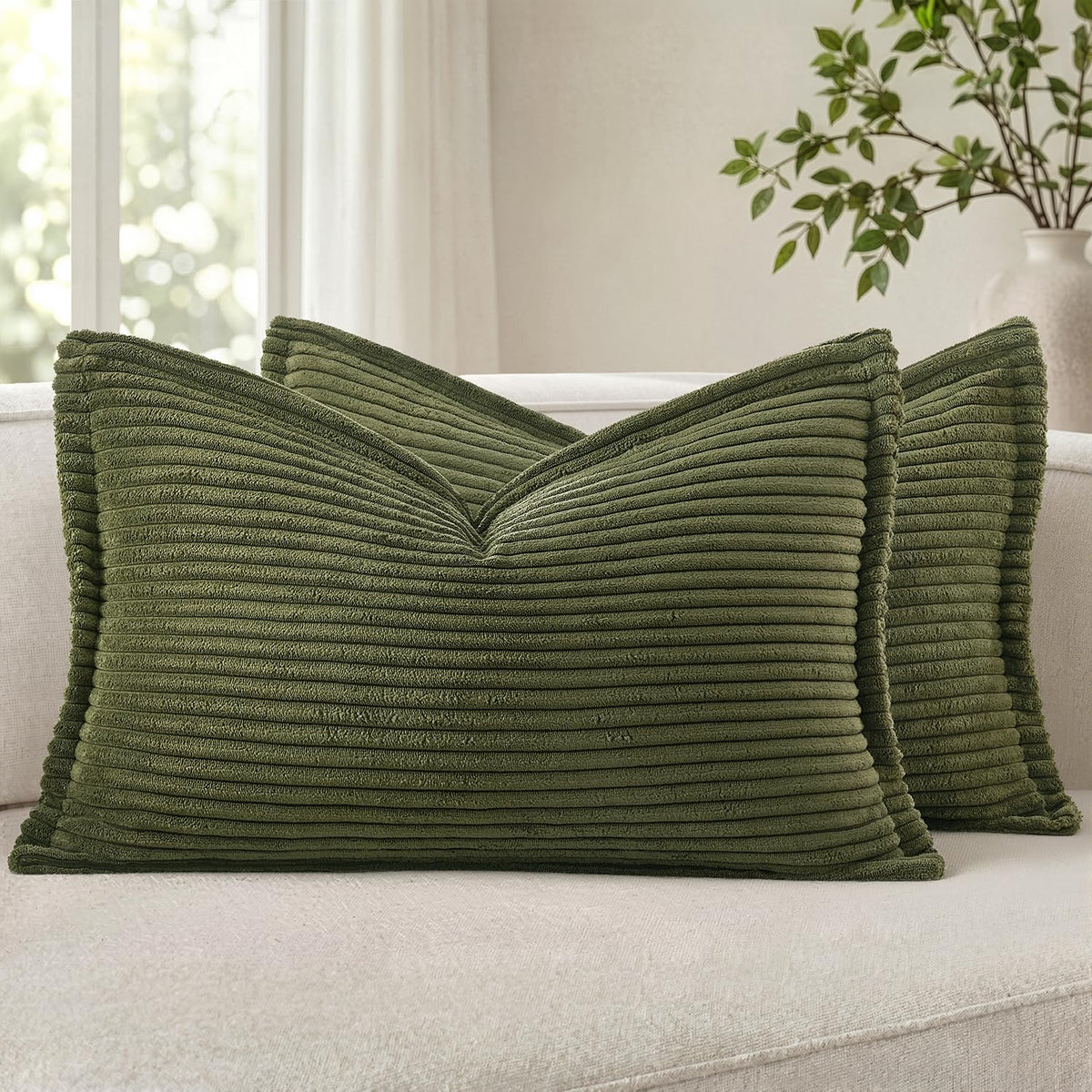 MIULEE Couch Pillow Covers 18x18 Olive Green Textured Corduroy