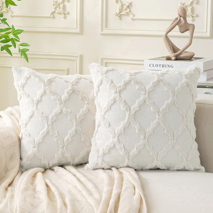Set of 2 Soft Moroccan Throw Pillow Covers 18x18 Inch Plush Boho Decorative Pillow Cover Accent Cushion Case for Couch Sofa Bed, Beige