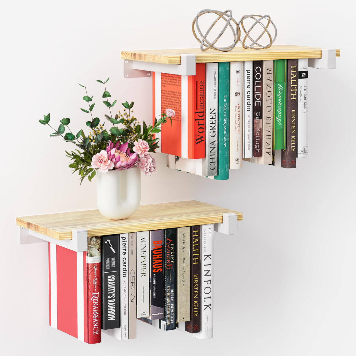 NANATI 2 Set of Floating Bookshelf, Pine Wood Invisible Bookshelf, Hanging Bookshelves for Wall, Unique Space Saving Wall Bookcase (16.5L×8.7W×1.5H)