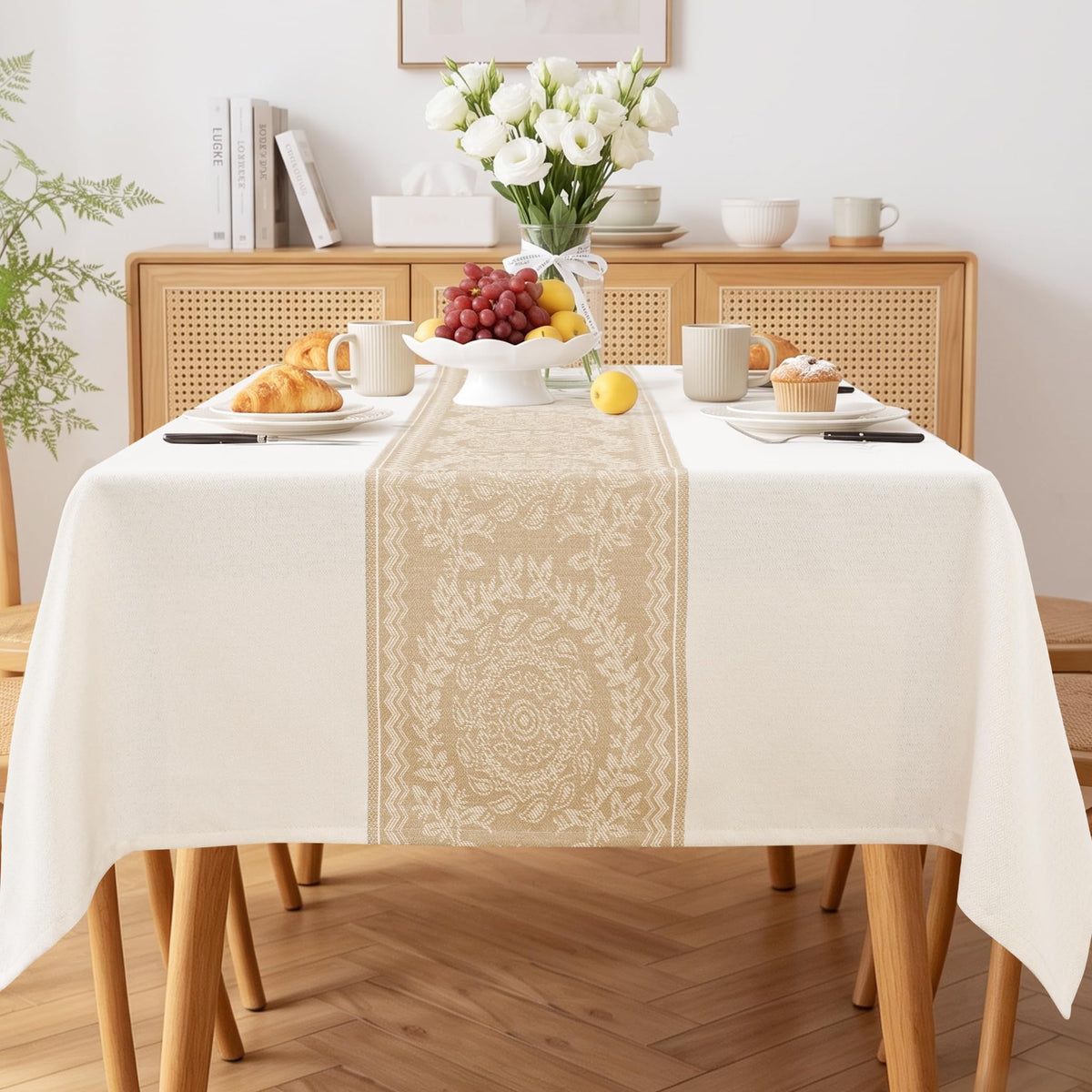 JIUZHEN Round Table Cloth Faux Linen Farmhouse Tablecloth Wrinkle and Stain Resistant Decorative Fabric Table Cover for Kitchen, Dining Room, Parties and Camping, Beige, 120 Inch Round