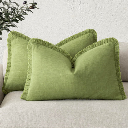 Foindtower Decorative Linen Fringe Throw Pillow Covers 20×20 Olive Green