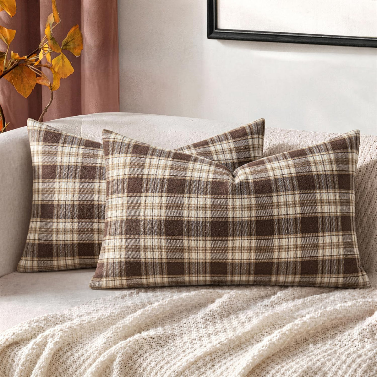MIULEE Fall Plaid Pillow Covers Scottish Tartan 18x18 Terracotta Brown