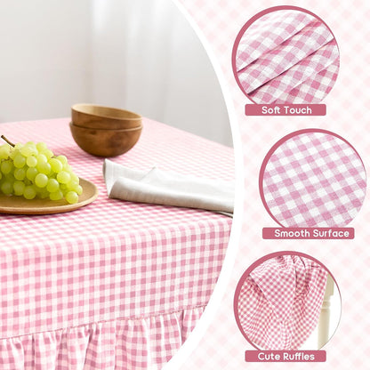 Mindsoft Light Pink Gingham Ruffled Tablecloth, 52 x 70 Inches, Rectangle