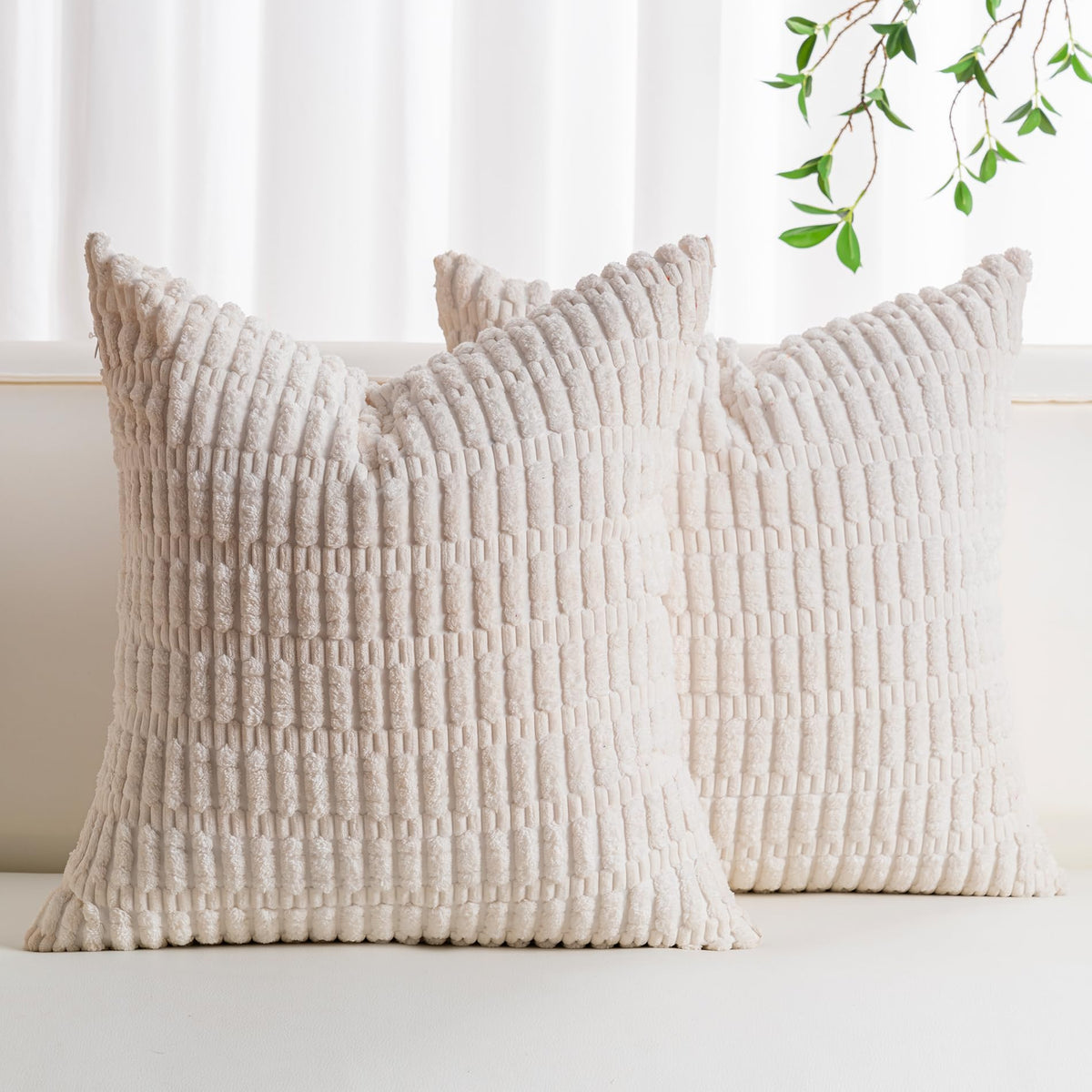 Pack of 2 Corduroy Decorative Throw Pillow Covers 18x18 Inch, Cream White
