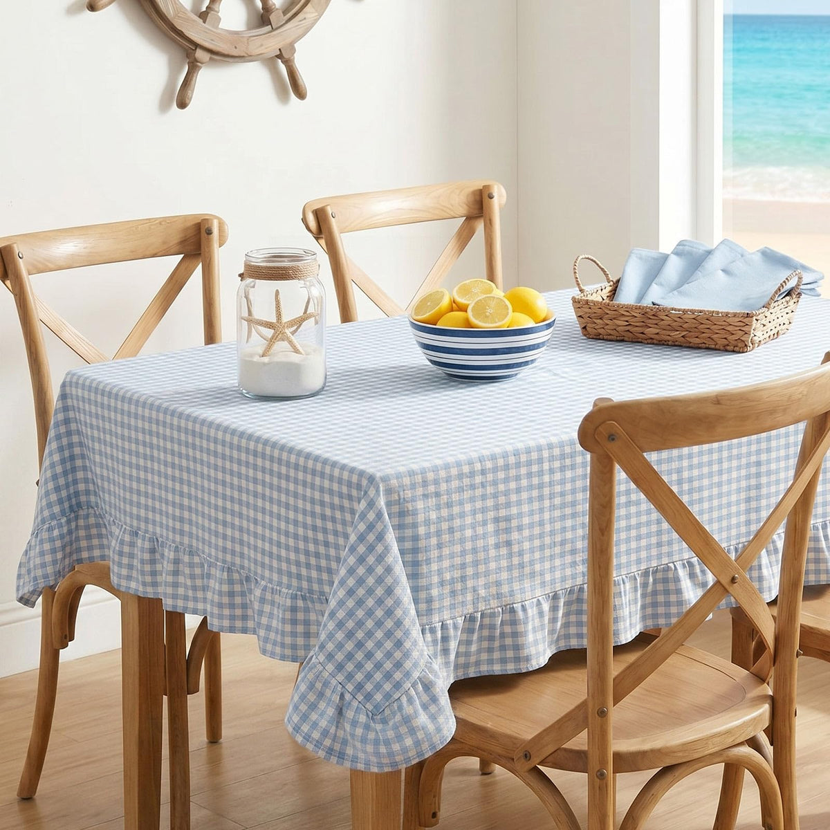 Mindsoft Light Pink Gingham Ruffled Tablecloth, 52 x 70 Inches, Rectangle