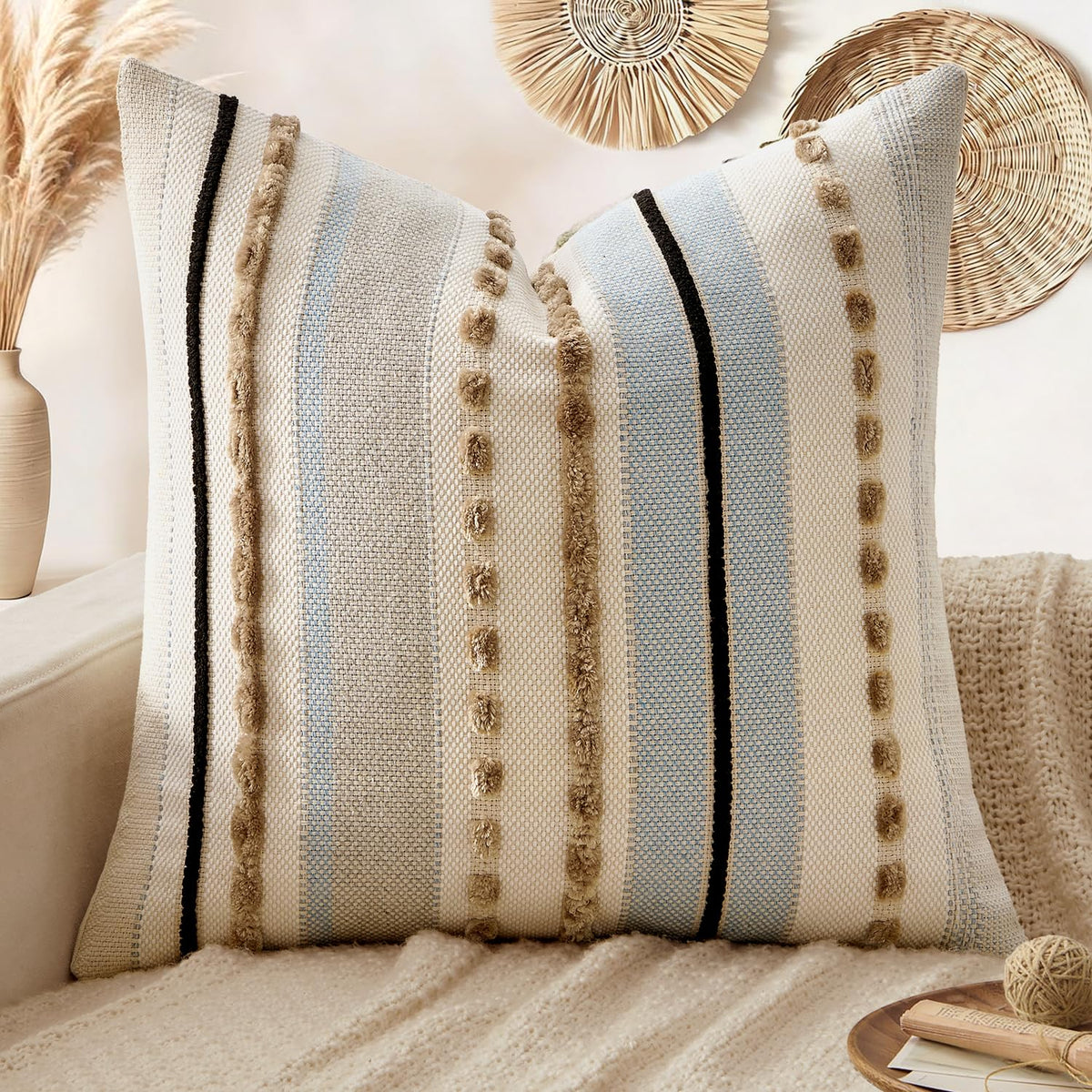 ANRODUO Boho Decorative Pillow Covers Olive Green Stripe 18x18 Pack of 2