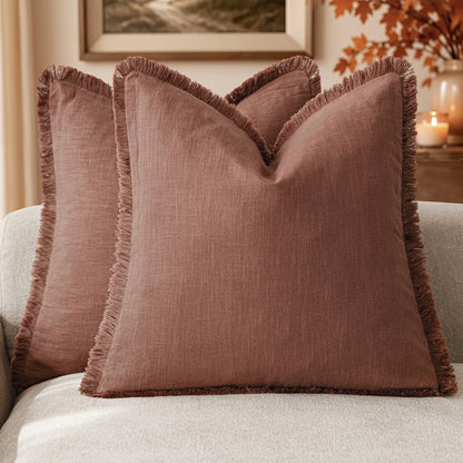 Foindtower Decorative Linen Fringe Throw Pillow Covers 20×20 Olive Green