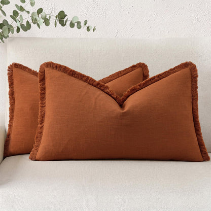 decorUhome Linen Fringe Natural Beige Throw Pillow Covers 18x18 Set of 2