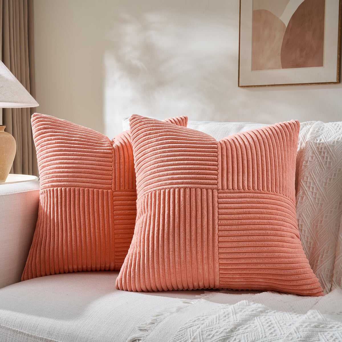 Fancy Homi 2 Packs Rust Boho Decorative Throw Pillow Covers 18x18 Inch for Couch Bed Sofa, Farmhouse Fall Home Decor, Soft Corss Corduroy Patchwork Textured Terracotta Accent Cushion Case 45x45 cm