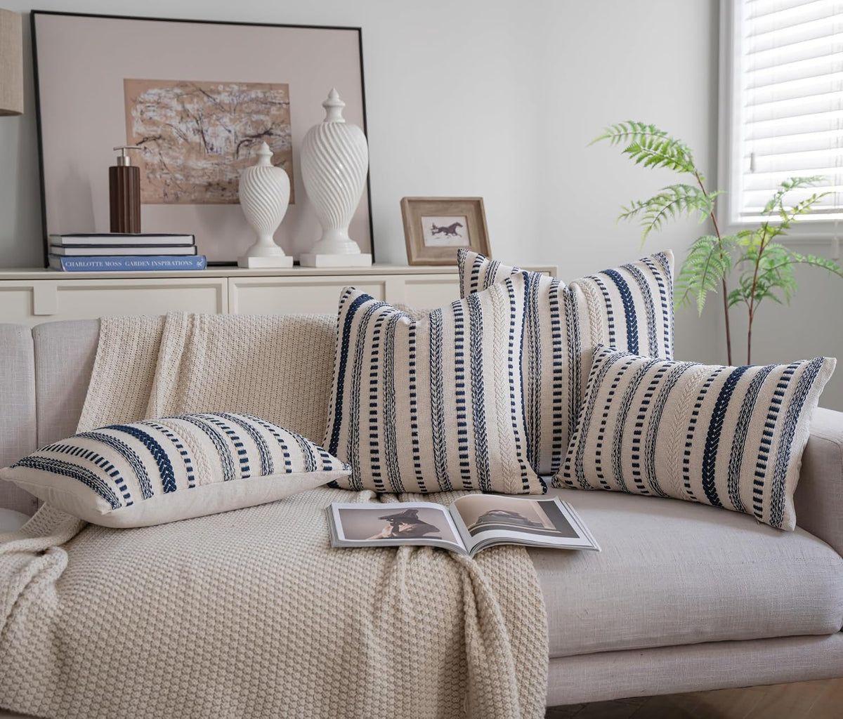 Cethom Navy Blue Boho Throw Pillow Covers 18x18 Inch Set of 2, Stripe Textured Decorative Couch Pillow Cases for Bed, Sofa, Living Room, Bedroom, Farmhouse Home Accent Cushion Covers